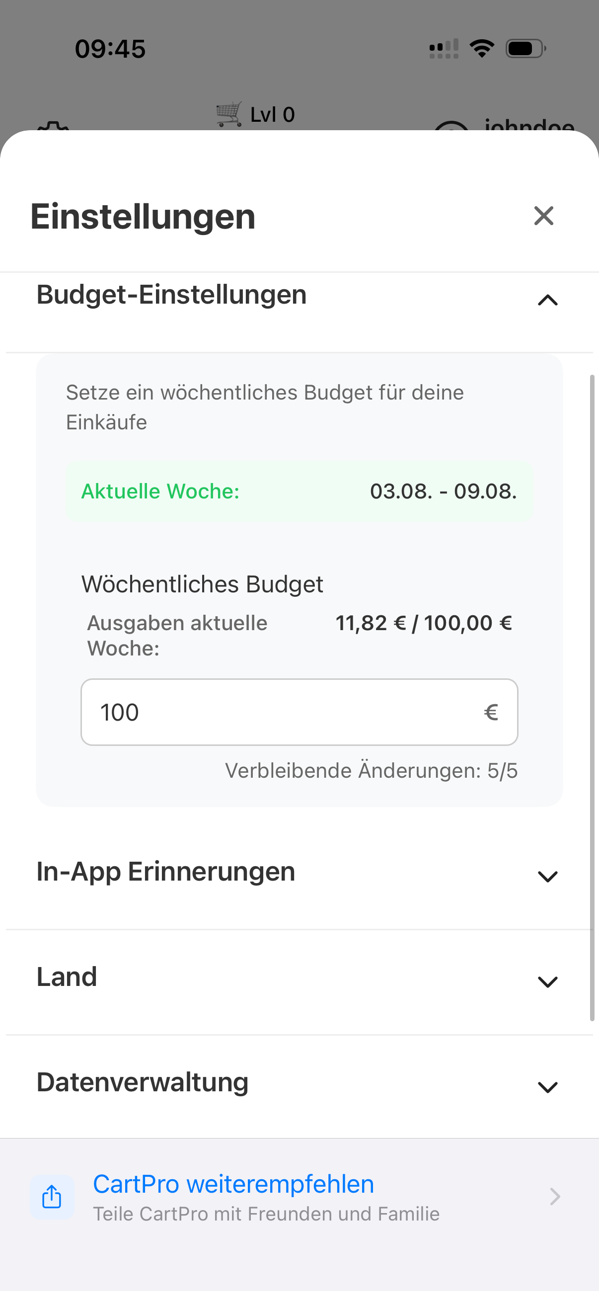 Wochenbudget in CartPro