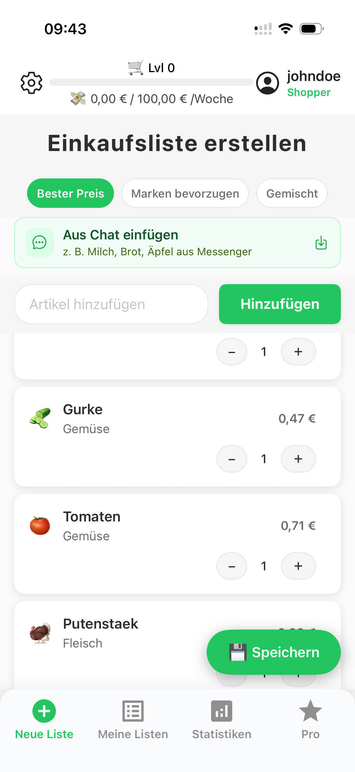 Einkaufsliste in CartPro erstellen