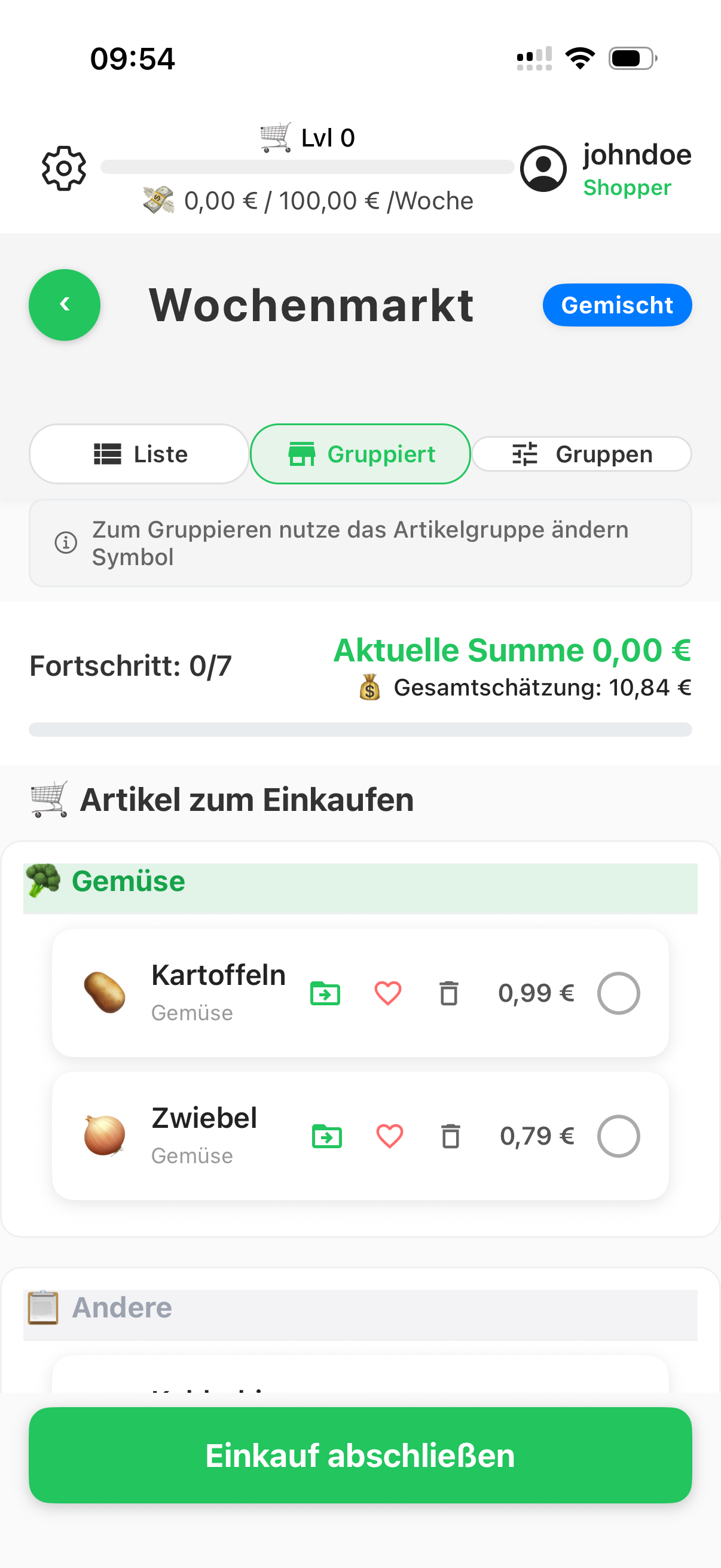 Gruppierte Einkaufsliste in CartPro