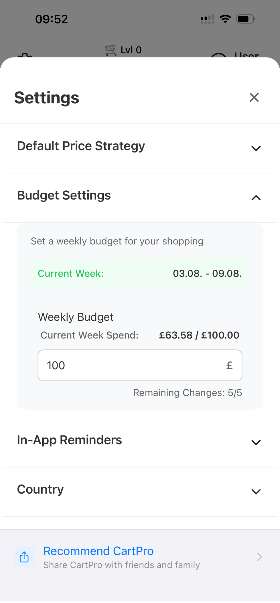 Weekly budget in CartPro