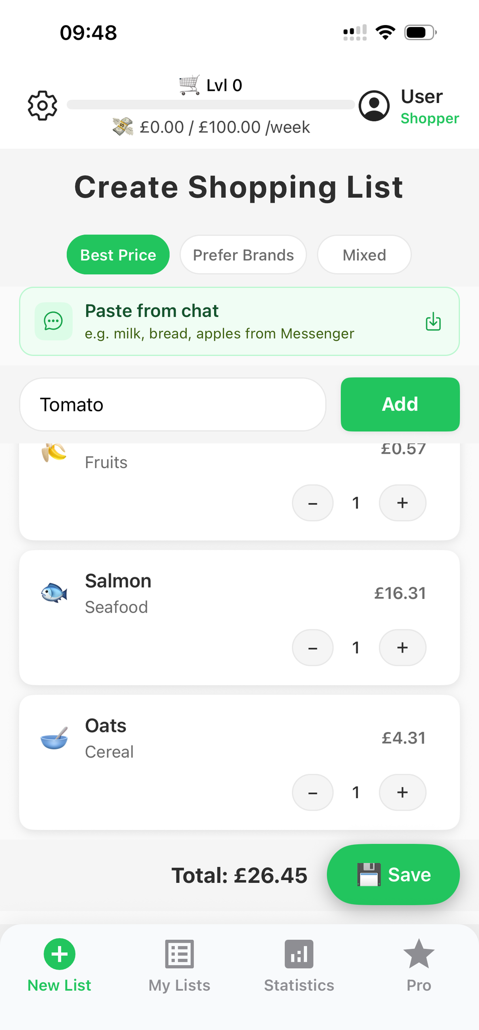 Create a shopping list in CartPro