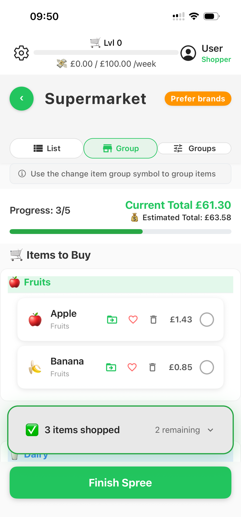 Grouped shopping list in CartPro